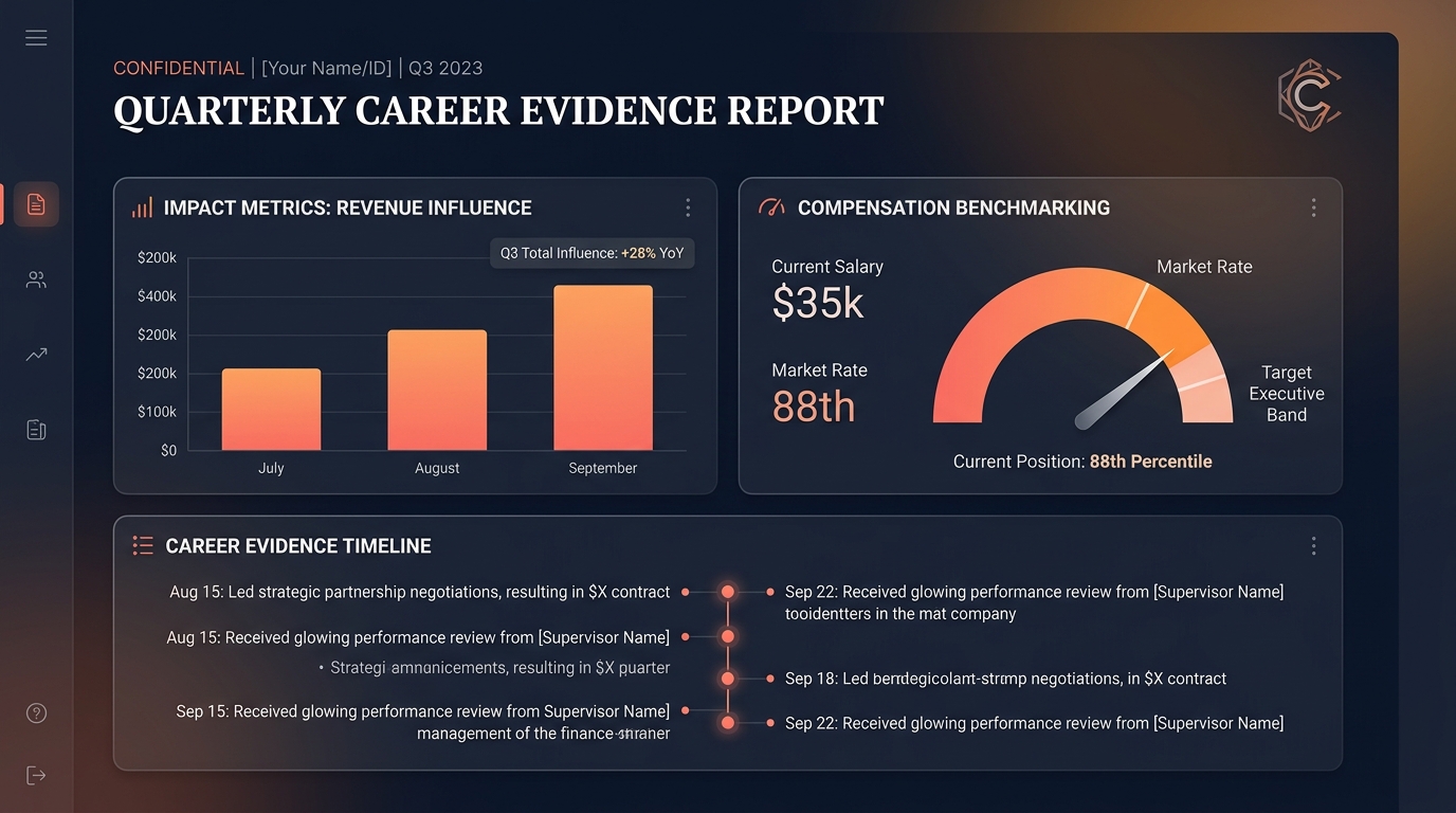 Quarterly Career Evidence Report showing impact metrics, compensation benchmarking, and career evidence timeline